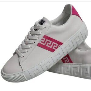 Versace White & Lipstick Red Embroidered Greca Sneakers | Luxury Shoes – NIB